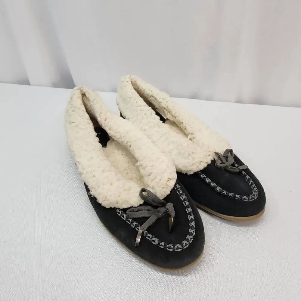 Porto Size 9 Oda Black Suede Moccasin Sherpa Lined Slipper Shoes
